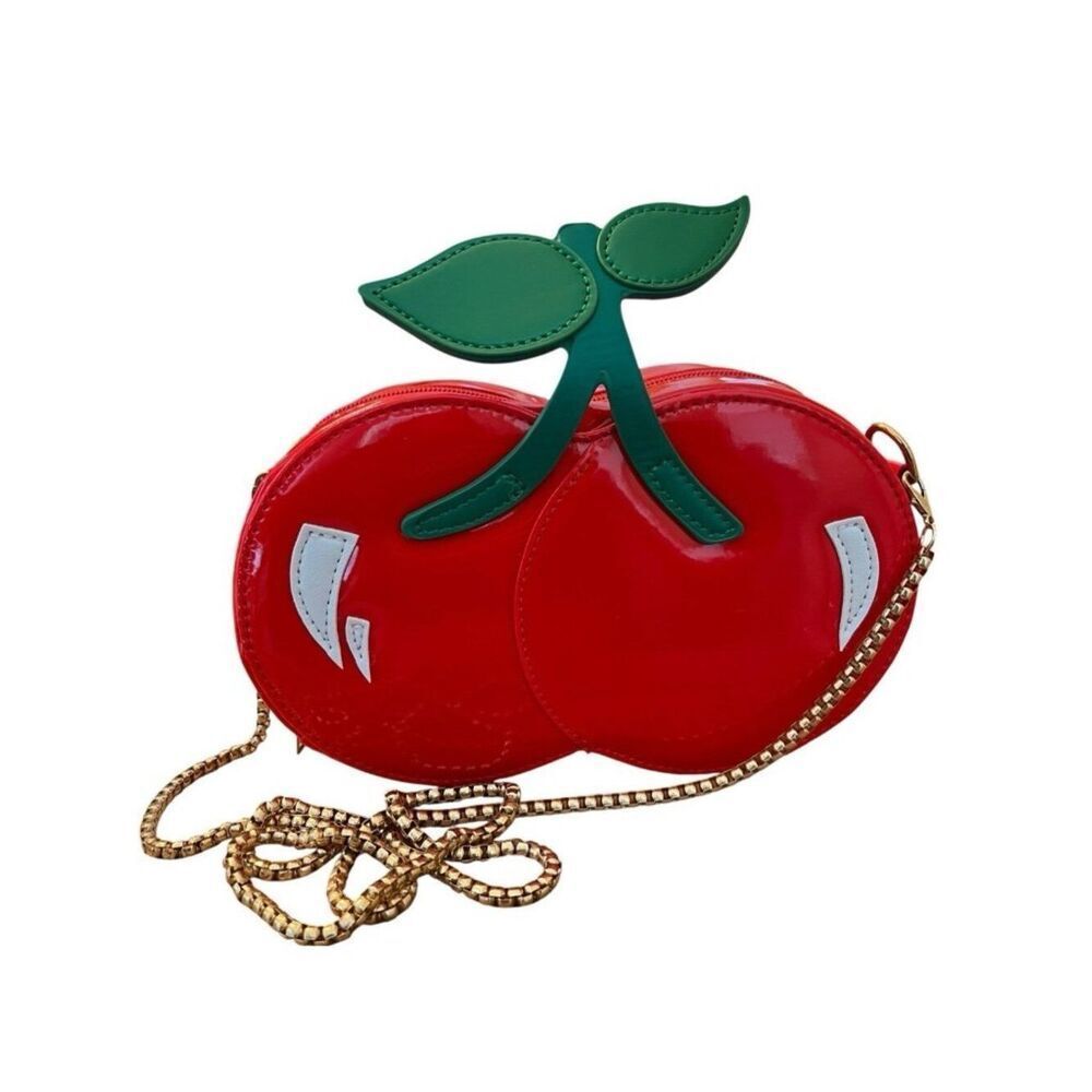 Faux Patent Leather Cherries Chain Crossbody Red Bag Purse New